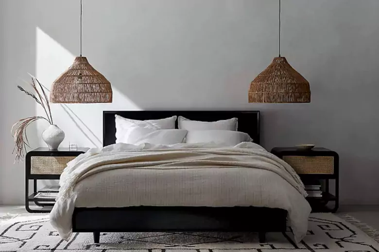 A bedroom furniture design with pendant lights.
