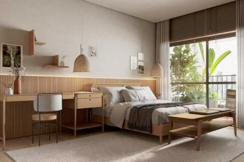 Open storage solutions in a Scandinavian bedroom Open storage solutions in a Scandinavian bedroom