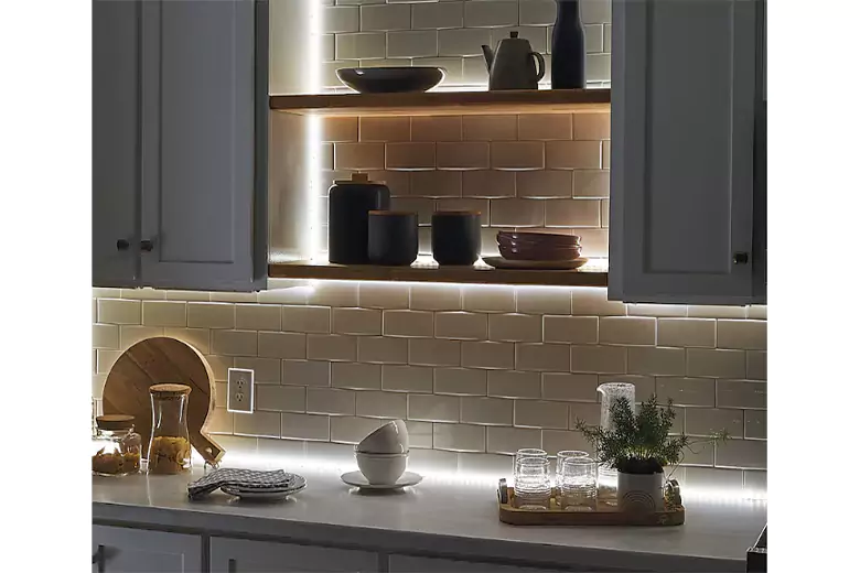 Under-cabinet LED lighting in the kitchen, enhancing visibility and adding a modern touch.
Under-cabinet LED lighting in the kitchen, enhancing visibility and adding a modern touch.