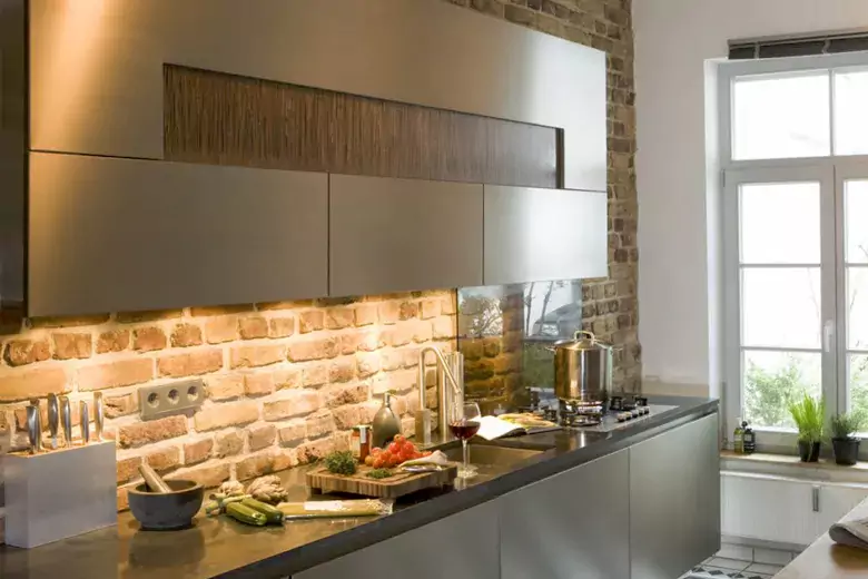 Modern kitchen interior design with concealed appliances.
Modern kitchen interior design with concealed appliances.