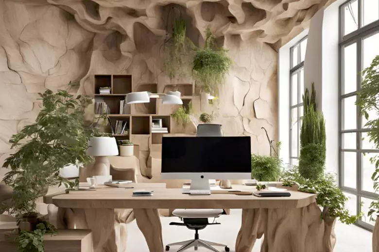 A home office with circular interior design