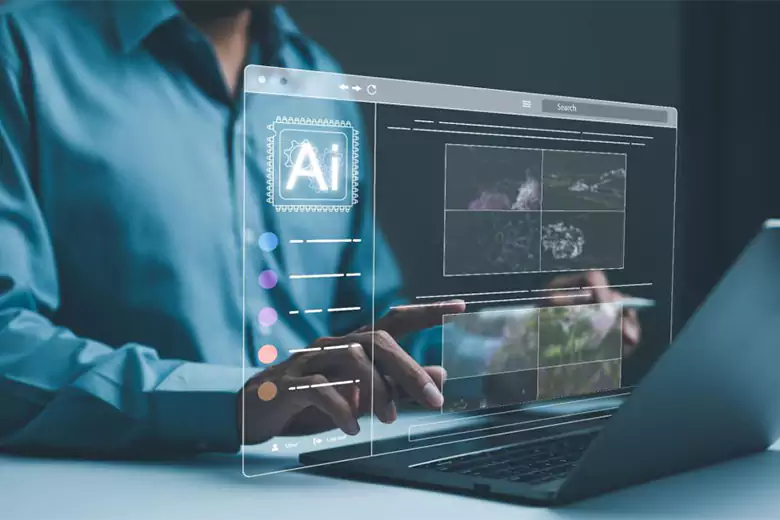 Designer using graphic design AI tool.
