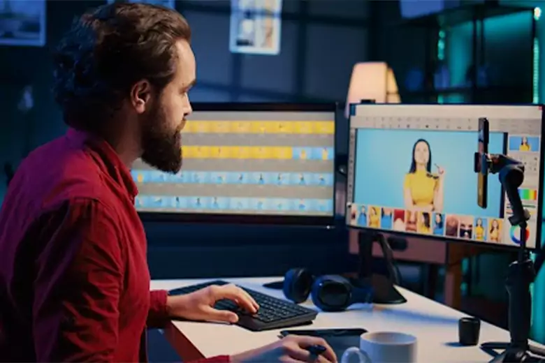 Young professional using Photoshop software to create designs. Young professional using Photoshop software to create designs.