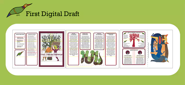 First digital draft of Rubina's Gond Art brochure project.
First digital draft of Rubina's Gond Art brochure project.