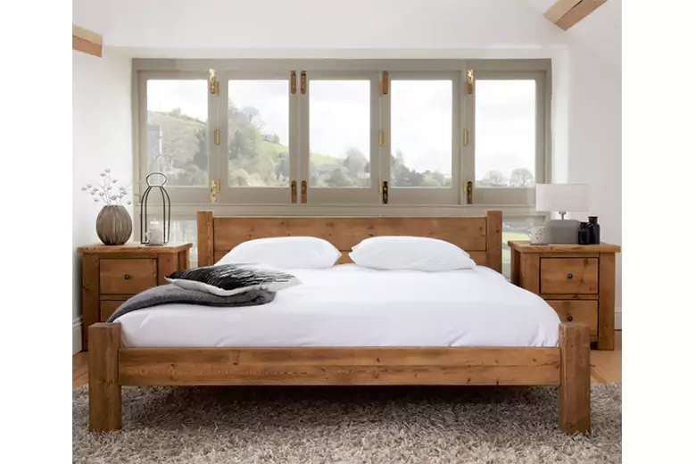 A bed with sustainable wooden frame
