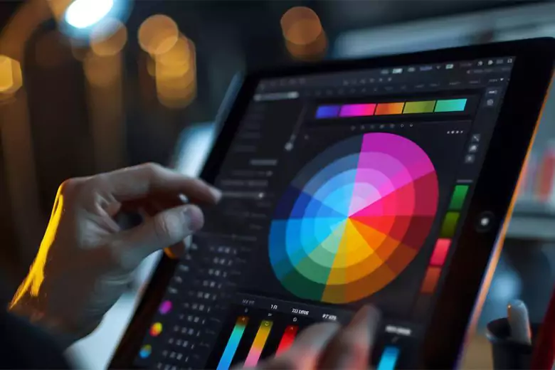 Graphic designer using AI tool to create a color wheel.