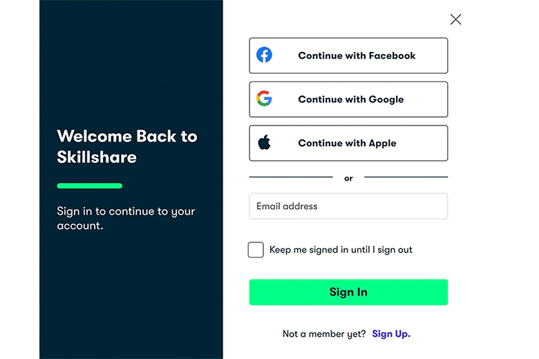 Login page UI design of Skillshare.