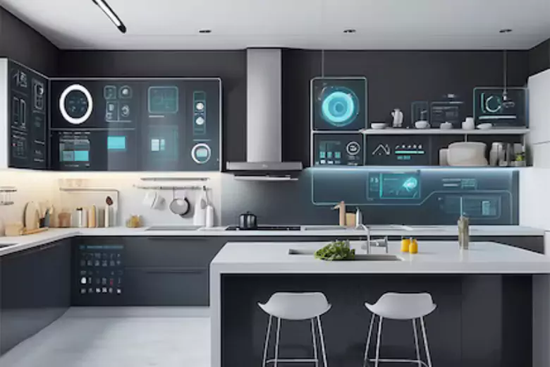 Image showcasing smart kitchen appliances, including automated cooking and smart storage systems. Image showcasing smart kitchen appliances, including automated cooking and smart storage systems.