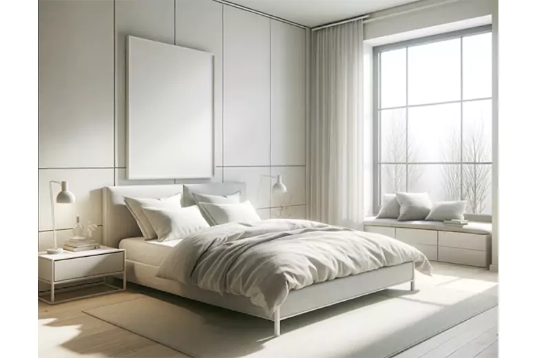 A Scandinavian bedroom with while color palette A Scandinavian bedroom with while color palette
