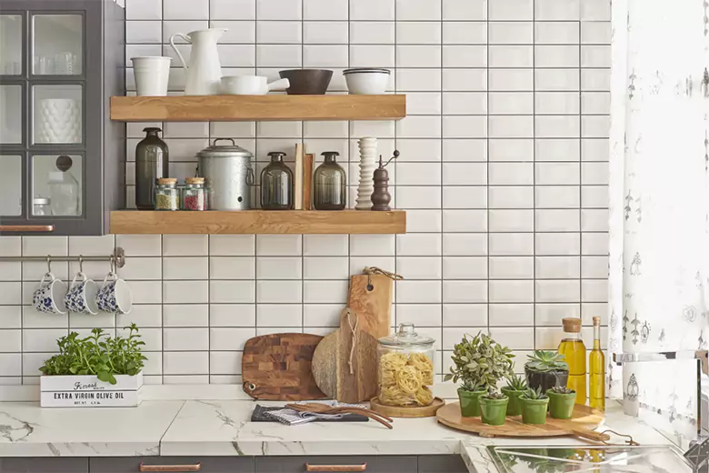 Modern kitchen interior with colored grouting.
Modern kitchen interior with colored grouting.