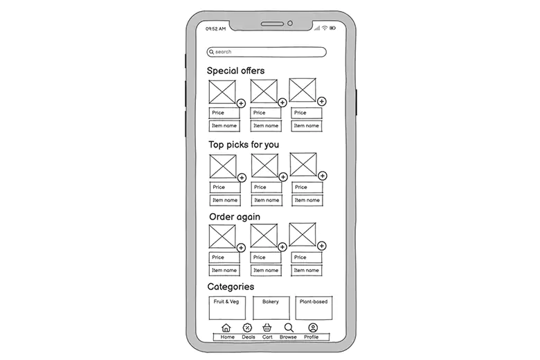 A mobile app wireframe with various details.
A mobile app wireframe with various details.