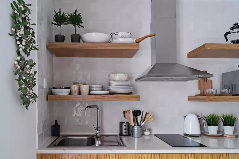 Modern kitchen interior design with floating tiles.
Modern kitchen interior design with floating tiles.