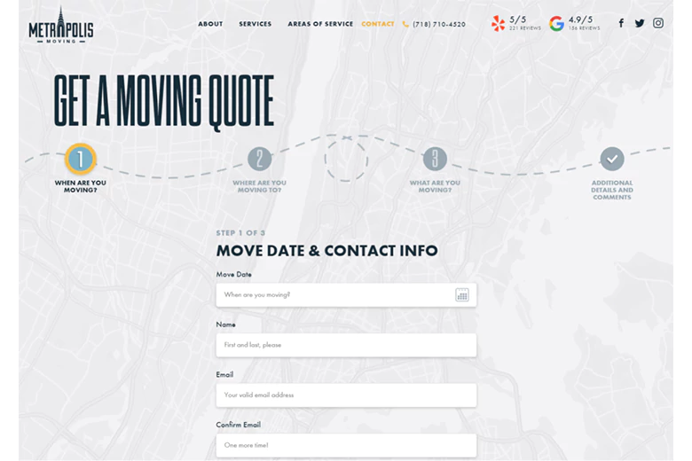Image showcasing Metropolis Moving’s moving quote form. Image showcasing Metropolis Moving’s moving quote form.