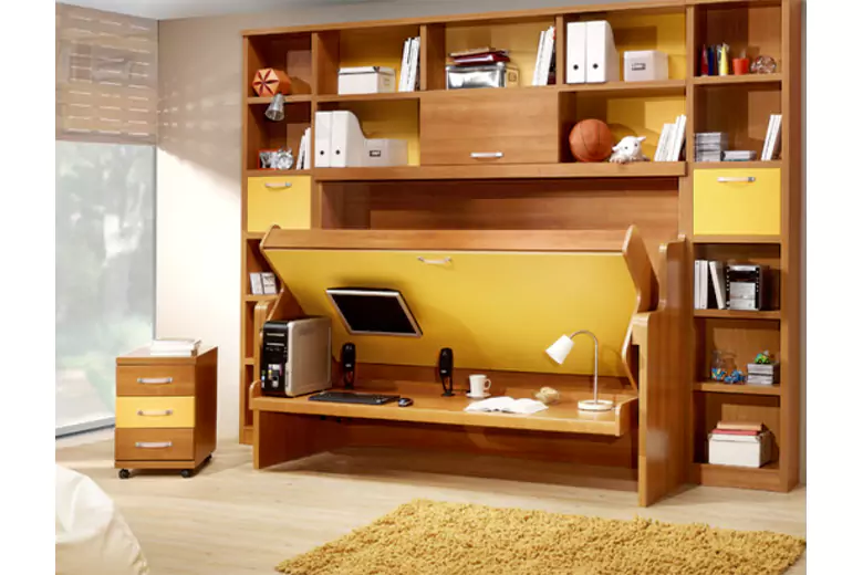Bedroom interior design with hidden desk bed