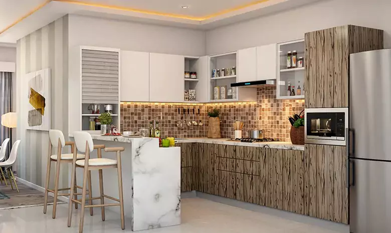 Adding a breakfast counter elevates the modern kitchen interior design. Adding a breakfast counter elevates the modern kitchen interior design.