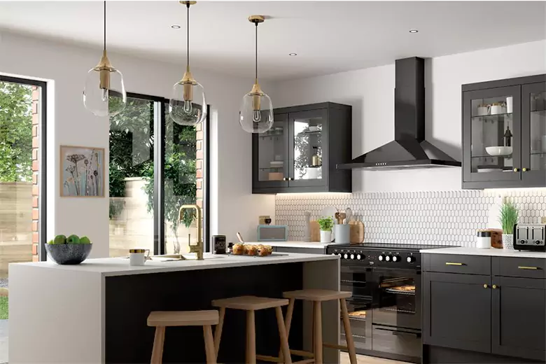 Modern kitchen interior design with statement lighting.
Modern kitchen interior design with statement lighting.