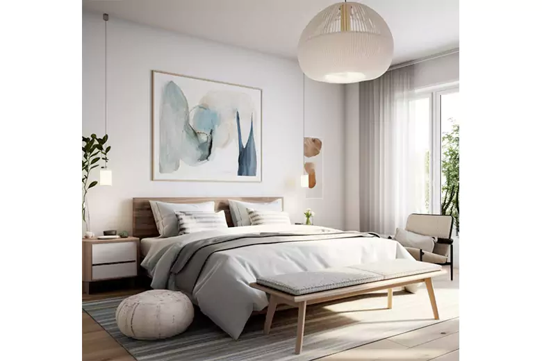 A Scandinavian bedroom with ambient lighting A Scandinavian bedroom with ambient lighting