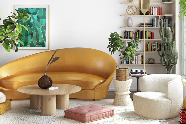 A curved sofa in a living room.