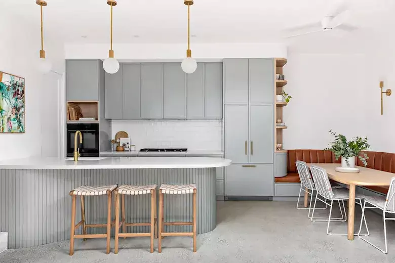 Modern kitchen interior design with fluted panels.
Modern kitchen interior design with fluted panels.