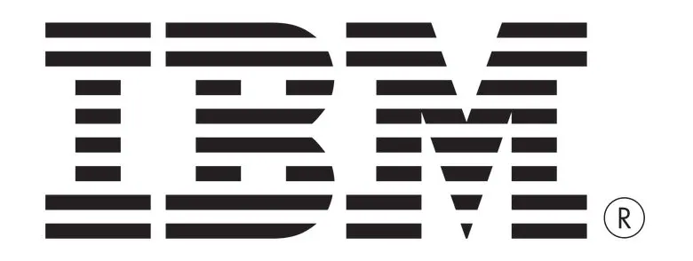 The iconic striped IBM logo, designed by Paul Rand.
