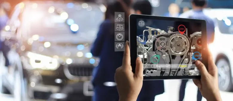 A customer uses augmented reality on a tablet to explore an immersive showroom design.
