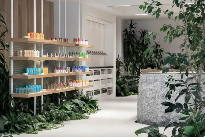 Sustainable showroom design with lush greenery and natural materials.