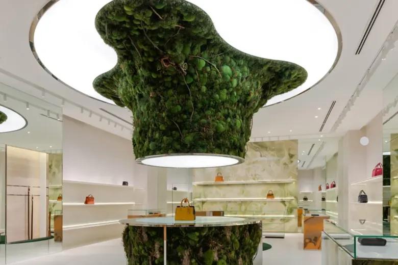 Picture of a biophilic showroom design with a lush green moss ceiling and natural materials.