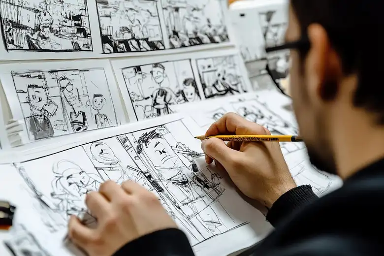 Artist drawing animated characters for a comic book