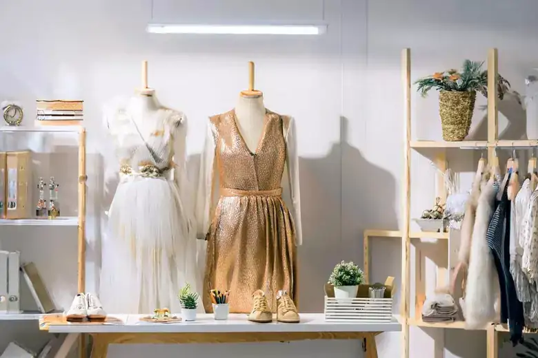 Two mannequins featuring visual merchandiser displays with stylish outfits. Two mannequins featuring visual merchandiser displays with stylish outfits.