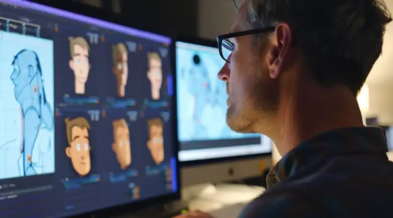 Close-up of an animator working on animation characters on a screen.