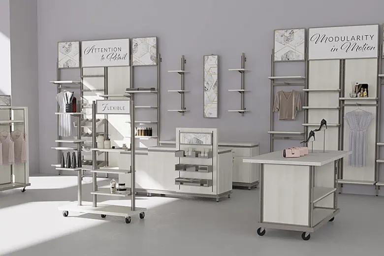 Picturer of a modular showroom design showing flexible display units.