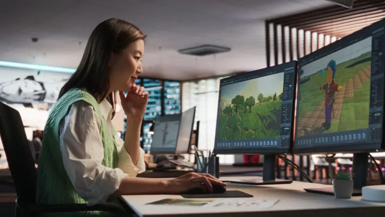 A woman working on designing a character A woman working on designing a character