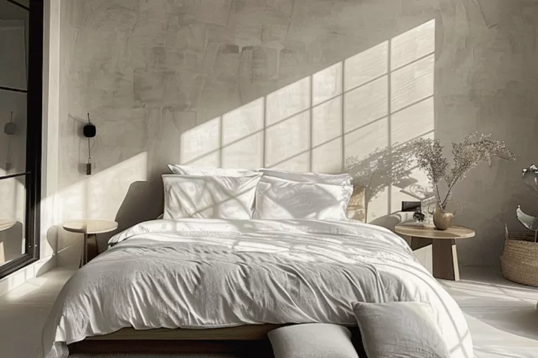 A bright bedroom with a white bed, reflecting a modern furniture design aesthetic.
