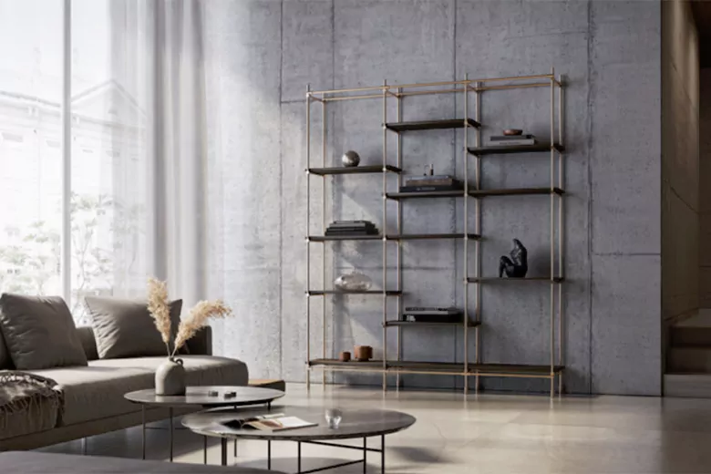 Modern furniture design featuring open shelving styled with decor in a bright and minimalist living space