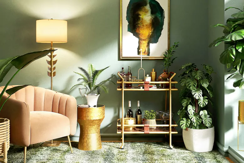 A stylish living room with modern furniture, including a plush chair, gold accents, and lush green plants.