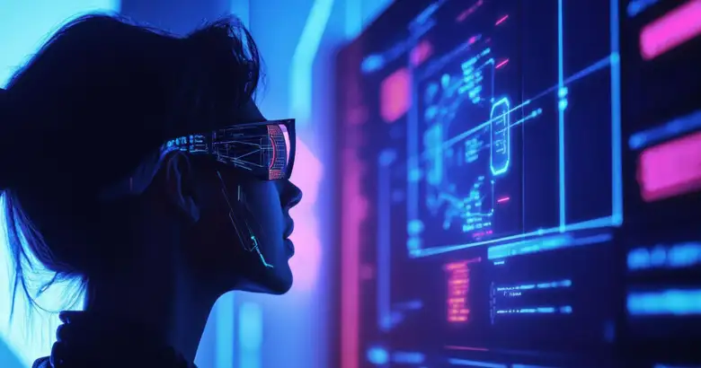 A woman in a futuristic suit looking at a computer screen, exploring ideas for AI in logo design.