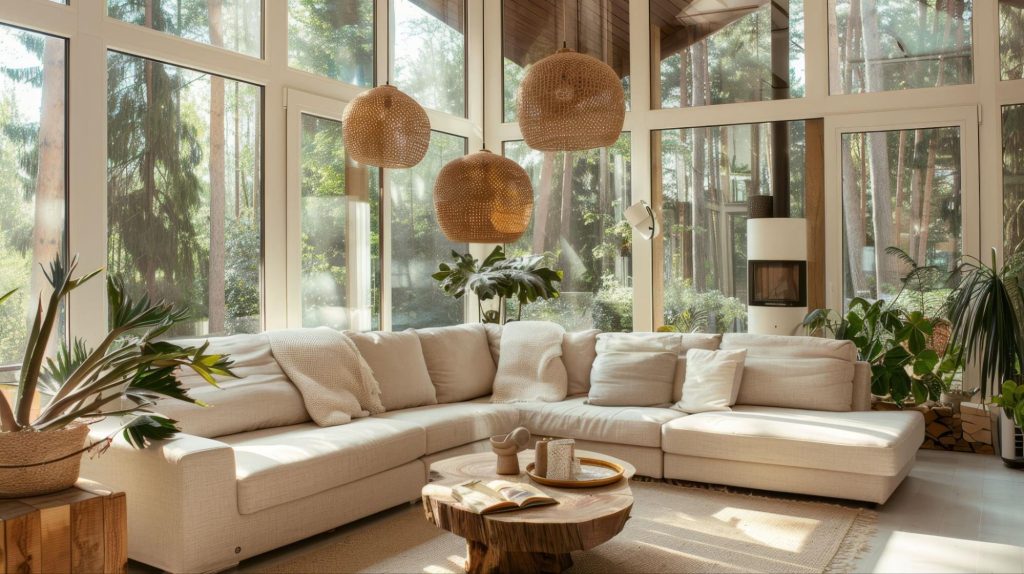 Picture of a sustainable interior design with natural light and organic textures creates a serene living space. Picture of a sustainable interior design with natural light and organic textures creates a serene living space.