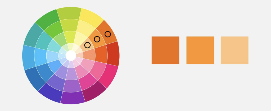 A round color wheel with different colors, and three orange shades shown separately on the side. A round color wheel with different colors, and three orange shades shown separately on the side.