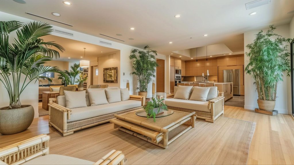 Picture of a living room with a wooden floor and lush greenery, showcasing sustainable interior design.
Picture of a living room with a wooden floor and lush greenery, showcasing sustainable interior design.