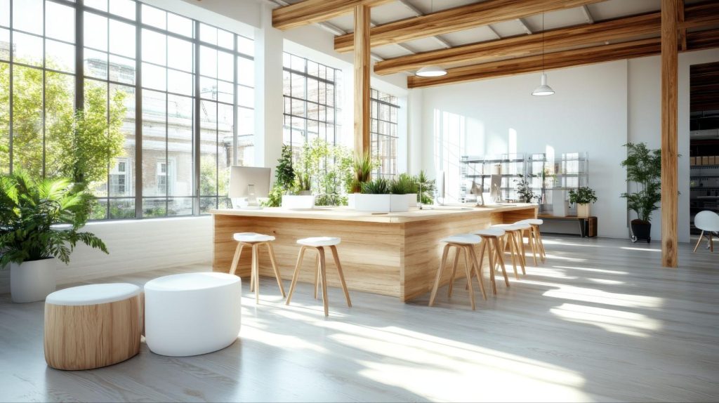 A minimalist, sustainable interior design featuring natural wood, plants, and large windows creates a bright, airy workspace.
A minimalist, sustainable interior design featuring natural wood, plants, and large windows creates a bright, airy workspace.