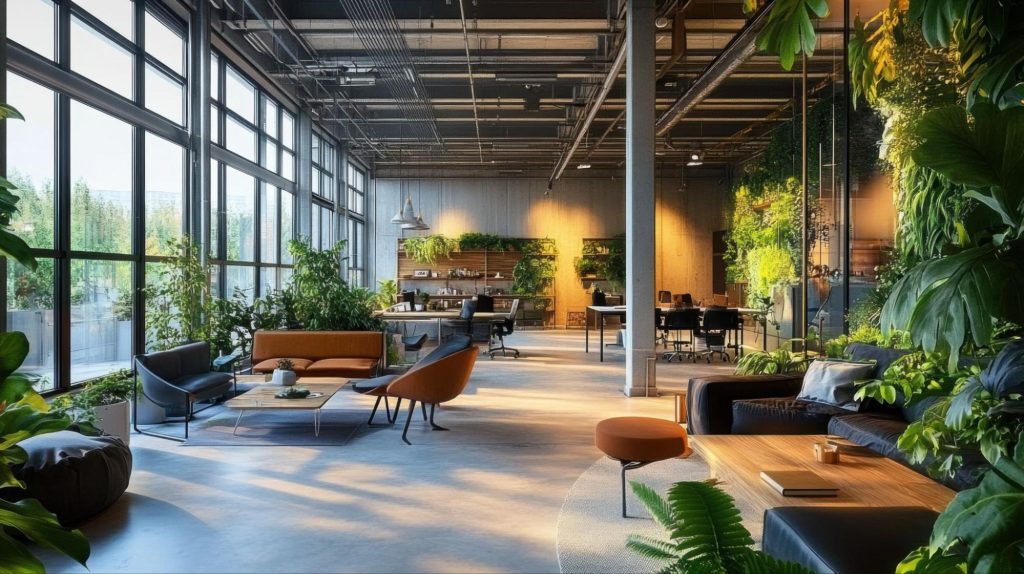 A picture of a sustainable interior design featuring biophilic design with lush greenery and natural light in a modern workspace.
A picture of a sustainable interior design featuring biophilic design with lush greenery and natural light in a modern workspace.