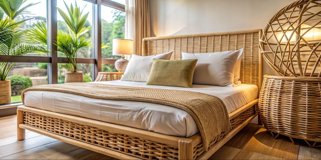 Sustainable interior design with a natural, woven bed frame and bright, airy feel. Sustainable interior design with a natural, woven bed frame and bright, airy feel.