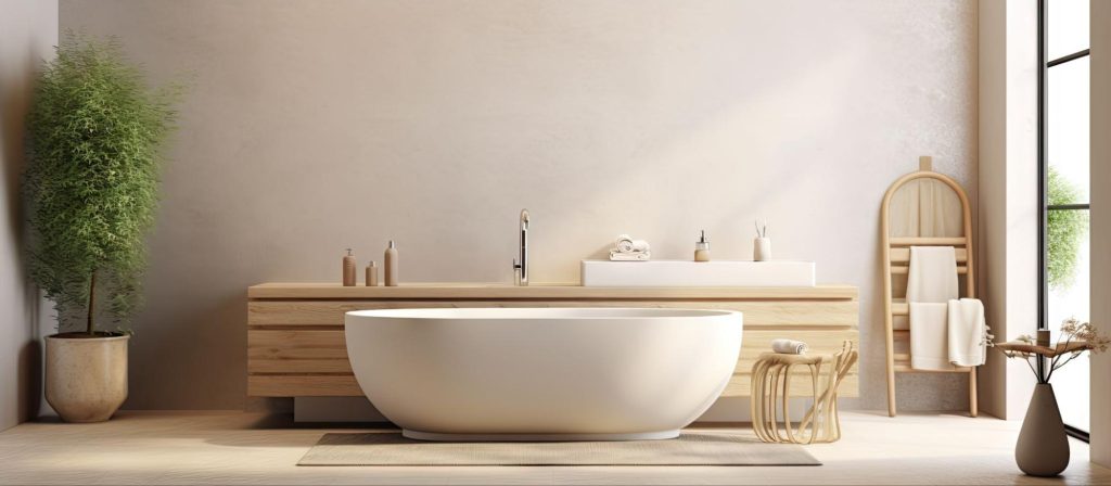 Bathroom with natural wood, soft textures, and a freestanding tub showcases sustainable interior design. Bathroom with natural wood, soft textures, and a freestanding tub showcases sustainable interior design.