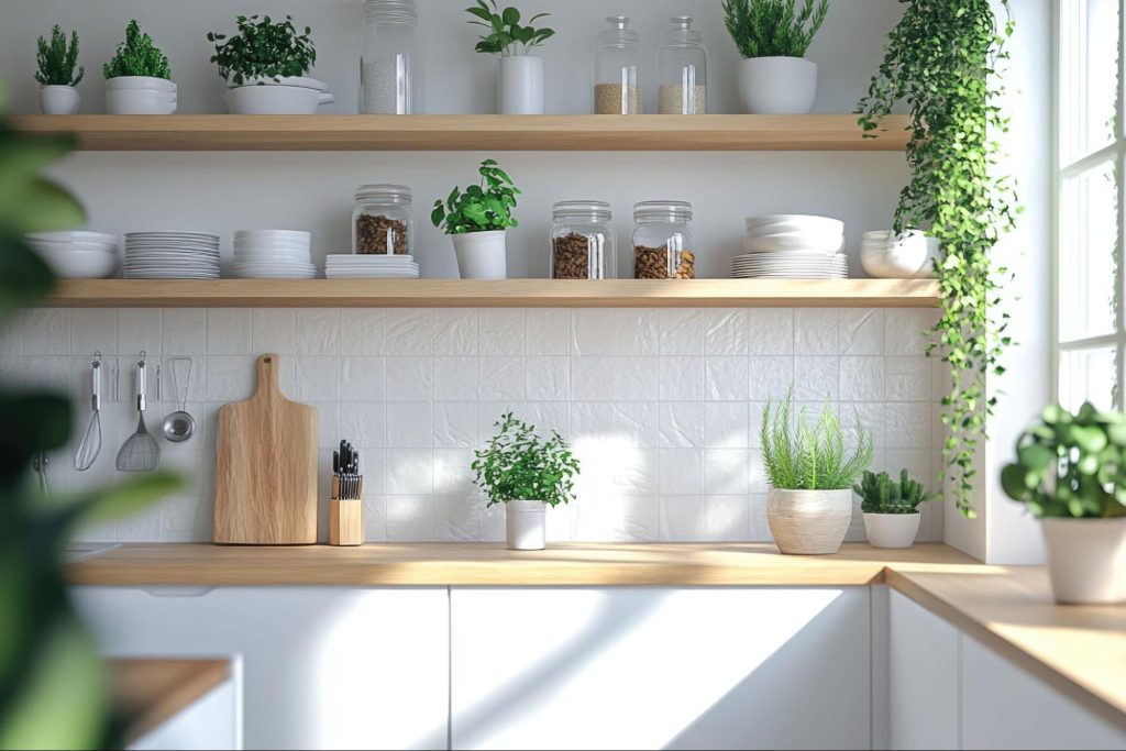 Sustainable interior design with plants, natural wood, and white accents creates a bright, eco-friendly kitchen. Sustainable interior design with plants, natural wood, and white accents creates a bright, eco-friendly kitchen.