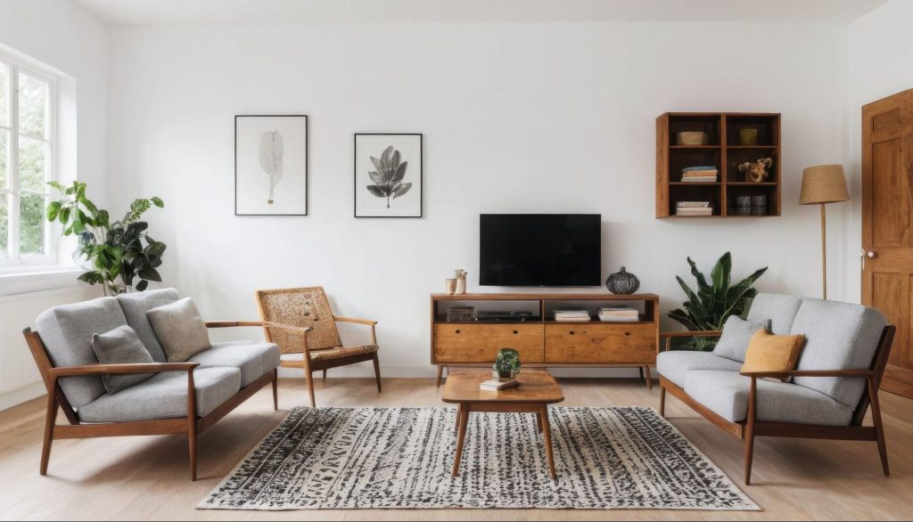 Sustainable interior design with natural wood furniture and neutral tones. Sustainable interior design with natural wood furniture and neutral tones.