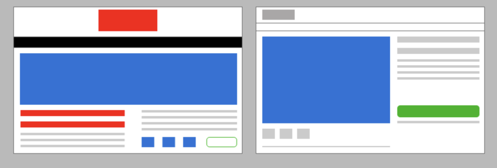 Two webpage layouts demonstrating visual hierarchy with colored content blocks and navigation. Two webpage layouts demonstrating visual hierarchy with colored content blocks and navigation.
