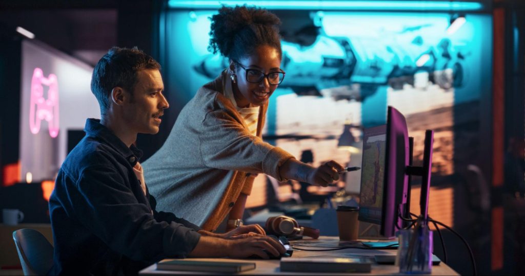 A team of character designers working on a character design