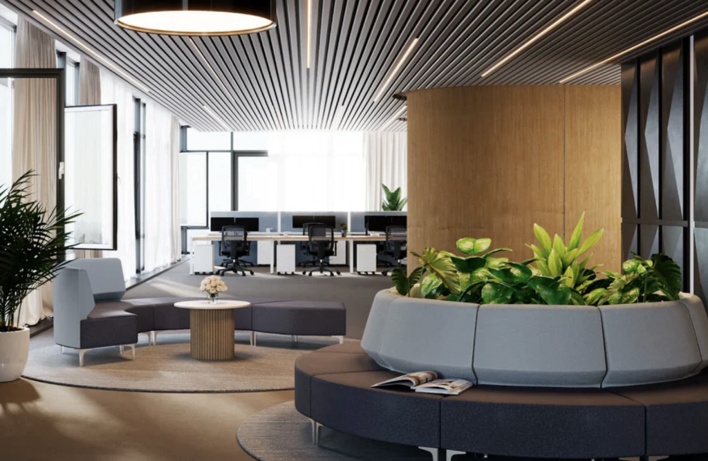 picture of a modern furniture office design with a circular planter, lounge seating, and linear workstations. picture of a modern furniture office design with a circular planter, lounge seating, and linear workstations.