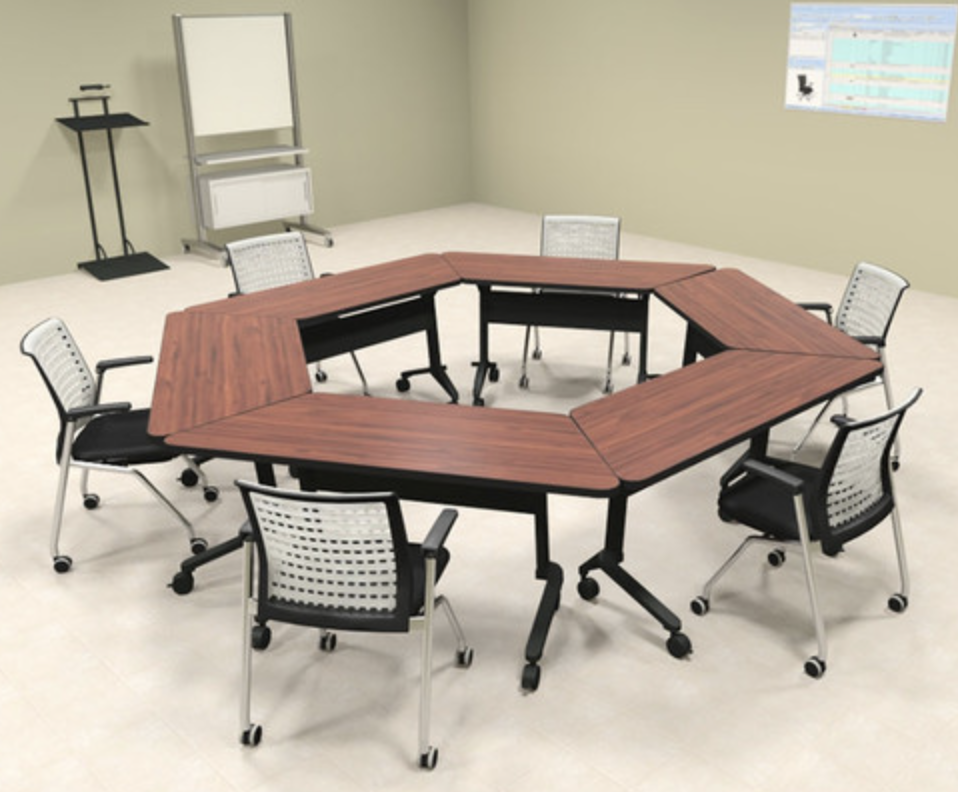 Hexagon furniture office design with modular table and ergonomic chairs in a room.
Hexagon furniture office design with modular table and ergonomic chairs in a room.