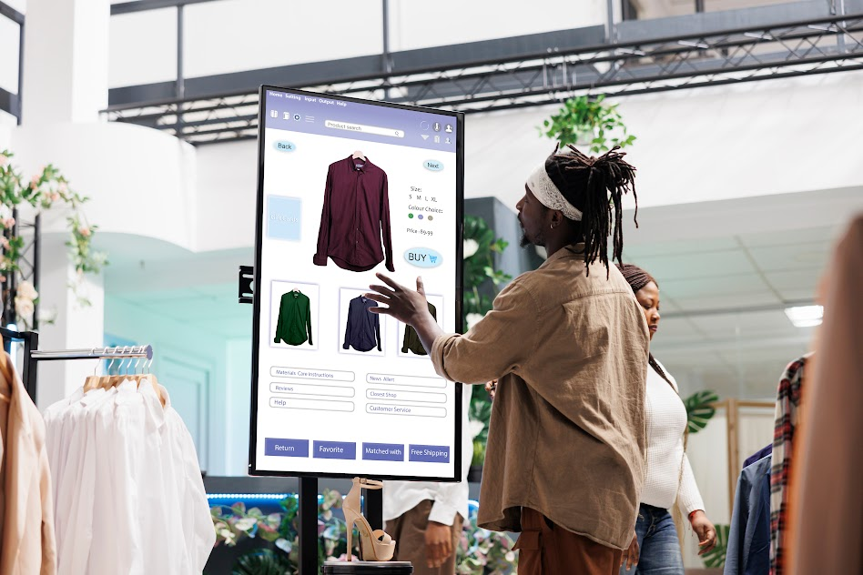 Customer using touch display shopping for fashion items in a clothing store, interactive board.
Customer using touch display shopping for fashion items in a clothing store, interactive board.